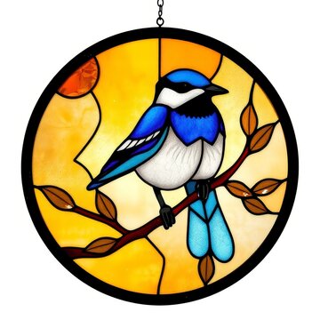 Stained glass suncatcher with blue bird on a branch