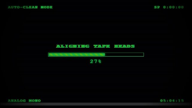 Retro vcr tape head alignment progress bar on green crt monitor display