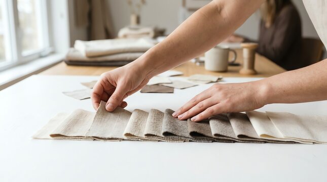 Interior designer hands choosing natural linen fabric swatches for home decor project in bright creative studio workspace