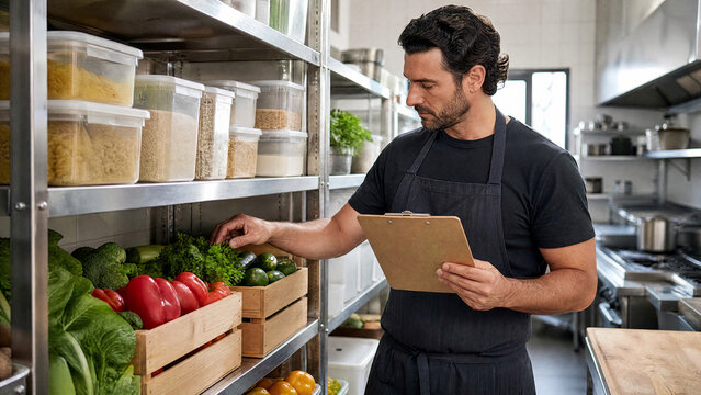 Restaurant manager checking fresh ingredients for kitchen inventory