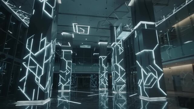 Futuristic Lobby Illuminating Pillars in a Modern Atrium with Geometric Neon Lines
