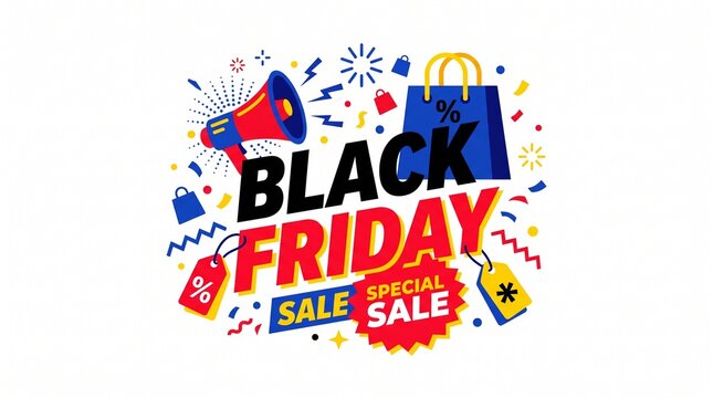 Black Friday Special Sale Vector Composition with Megaphone, Price Tags, and Shopping Bag