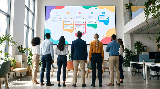 Team standing in bright office watching interactive wall presentation