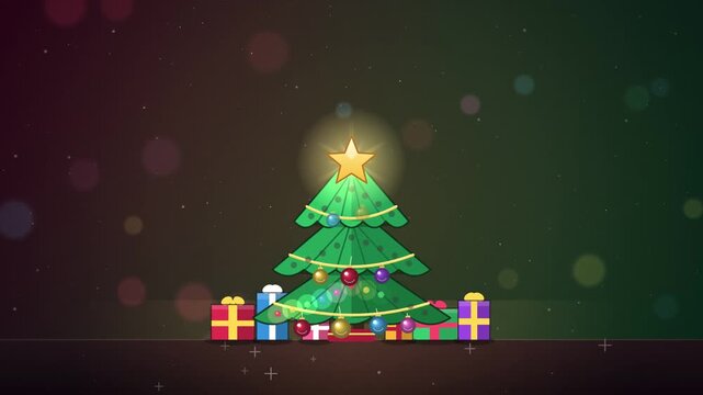 Cartoon vector Christmas tree growing layer by layer with twinkling lights, hanging baubles, golden star burst and gift boxes on warm red green background for holiday greetings and sales