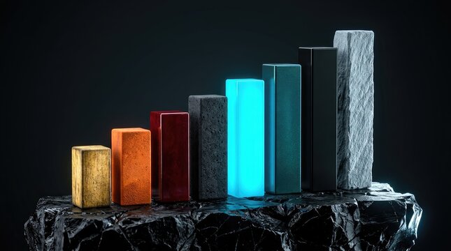 Growing colored blocks stacked on dark rocky surface under dim