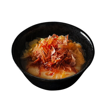 白菜のお雑煮 1杯の切り抜き。たっぷりの削り節や油揚げをのせた愛知県東三河地方の伝統的な郷土料理・お正月フード素材 俯瞰
