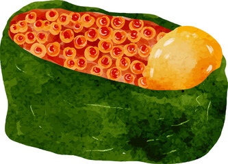 Watercolor illustration of a gunkan maki sushi roll with salmon roe and a dollop of creamy topping isolated on a transparent background. © nabilahcholila