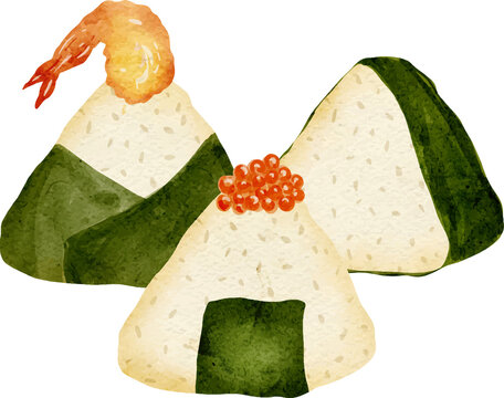 Three watercolor style Japanese onigiri rice balls one topped with shrimp another with ikura salmon roe and the third with nori seaweed wrapper