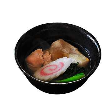 東京のお雑煮 1杯の切り抜き。なるとや焼いた角餅を入れた伝統的な関東風お雑煮・郷土料理フード素材 俯瞰