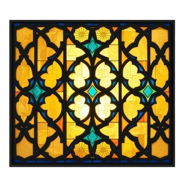 Stained glass window with intricate geometric and floral patterns