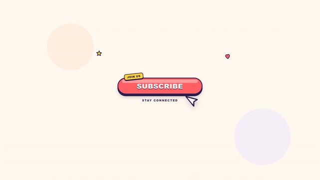 Minimalist animated subscribe button with floating heart and star icons plus hovering mouse cursor designed for digital social media channel engagement