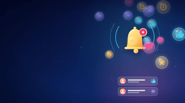 Social media notification bell icon with floating interaction bubbles on a dark blue background.