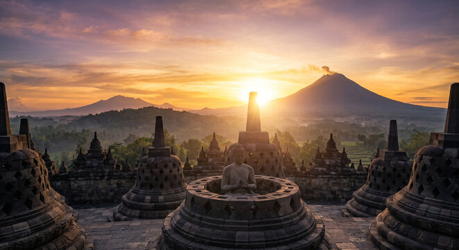 Pemandangan matahari terbit yang tenang dari Candi Borobudur, menampilkan stupa-stupa batu dan patung Buddha dengan latar belakang Gunung Merapi.