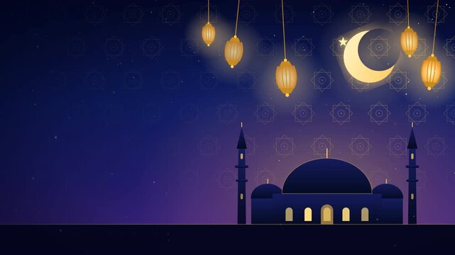 Beautiful Islamic mosque silhouette with glowing lanterns and crescent moon for Ramadan celebration background.