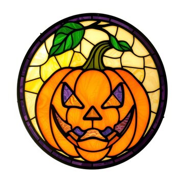 Halloween stained glass jack o lantern pumpkin round panel
