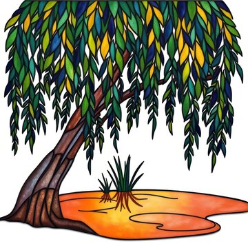 Stained glass weeping willow tree illustration