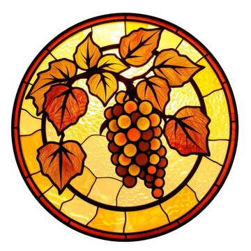 Round stained glass window with grapes and autumn leaves