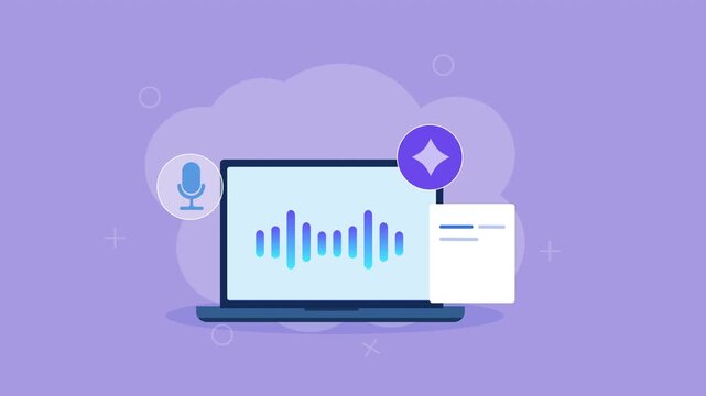 Flat vector animation showing a laptop with an audio waveform, microphone, document, and AI icon for voice recognition, speech to text, and automated transcription.