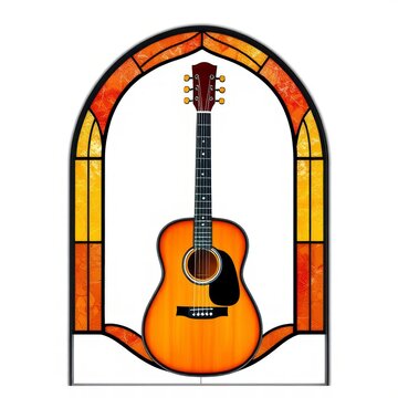 Acoustic guitar framed in orange stained glass window arch