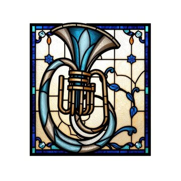 Stained glass window depicting a French horn musical instrument