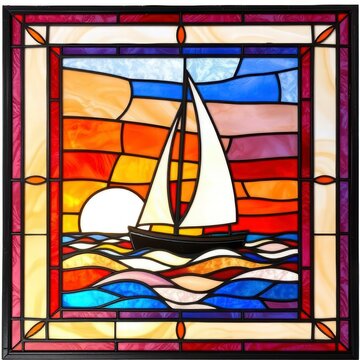 Stained glass panel of a sailboat at sunset over ocean