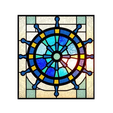 Nautical ship wheel stained glass window design