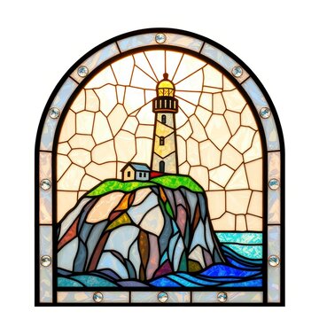 Stained glass window depicting a lighthouse on a rocky cliff