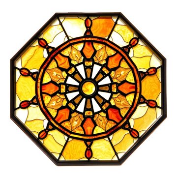 Octagonal stained glass window with yellow and orange patterns