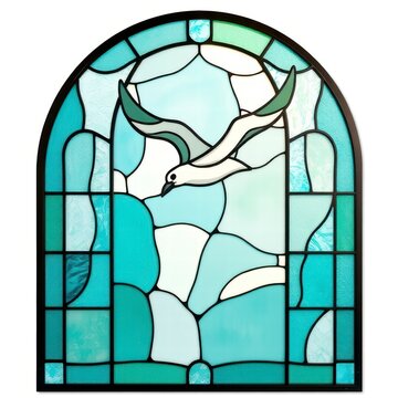 Stained glass window with flying bird in blue and white tones
