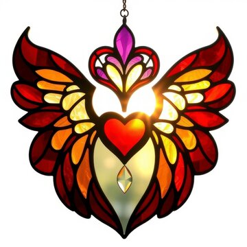 Stained glass suncatcher with heart shape and wings