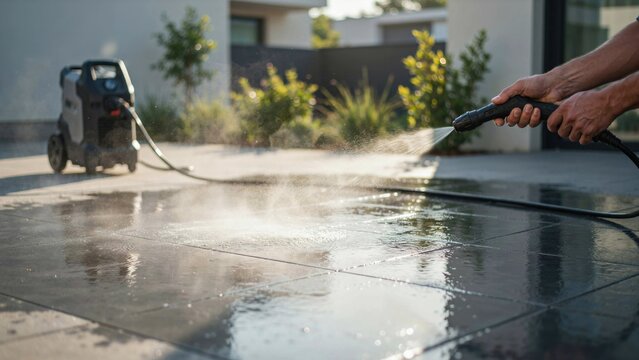 Pressure washer cleans grey stone patio with powerful water jet stream while person holds sprayer near suburban residence.