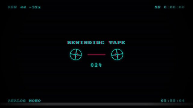 Retro vcr tape rewinding digital overlay with nostalgic scanline effect