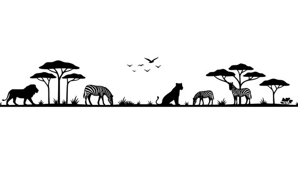 Minimal African Savannah Wildlife Silhouette Border with Lions Zebras and Birds