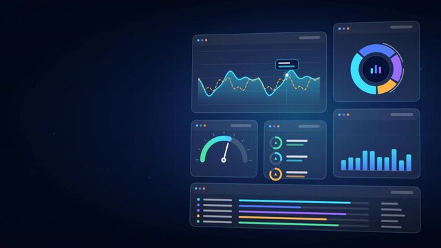 Futuristic digital dashboard interface showing business data analytics and performance metrics.