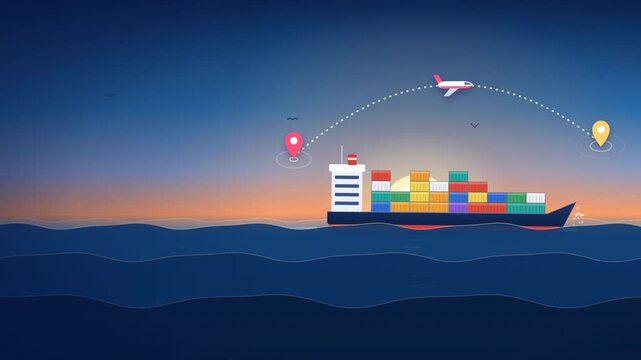 A container ship sailing on the ocean with a plane flying overhead representing global logistics and international trade.