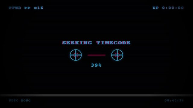 Retro vhs tape interface screen showing digital seeking timecode and progress percentage with scanline effect and vintage crosshair graphics