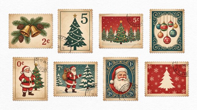 PNG Vintage festive postage stamps collection, element set on transparent background