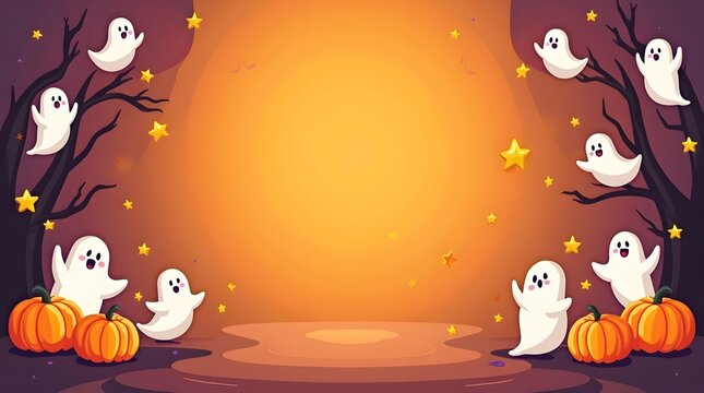 Cute halloween background with friendly ghosts and pumpkins for