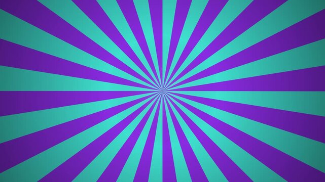 Seamless loop of a classic comic style sunburst radial background featuring turquoise and violet colors. Uses time-based delta rendering and slight slice overlap to guarantee ultra-smooth, stutter-fre
