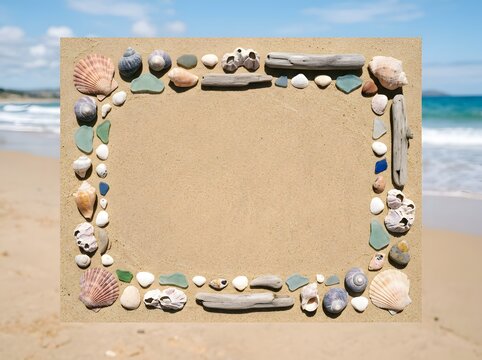 Natural seashell and driftwood frame on sandy beach with blurred ocean backdrop and copy space