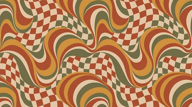 Retro groovy pattern featuring distorted checkerboard tiles with liquid swirl arches. Bohemian concept