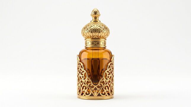 Luxury Arabic oud attar perfume bottle in gold and amber glass with ornate stopper, 3D render Middle Eastern fragrance isolated on white background for beauty and Eid design