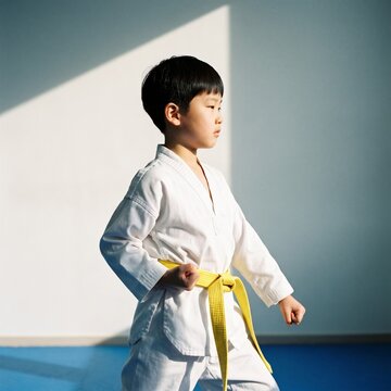 Korean boy in a white taekwondo uniform with a yellow belt standing in a gym