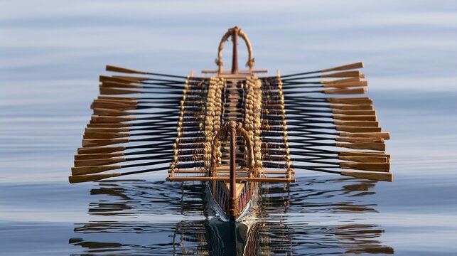 trireme. Miniature ancient trireme galley with parallel oars on a calm sea. mobility guides, transit brochures, designed for mobility and urban transit guides, improves user orientation.