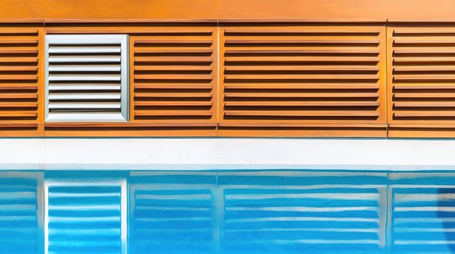 poolside. Modern outdoor heating unit by a reflective pool, showcasing sleek metallic design in soft afternoon light. mobility guides, transit brochures, designed for transport & logistics marketing.