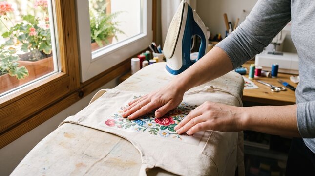 Woman pressing embroidered floral pattern on fabric with hand, domestic sewing and craft hobby activity, ironing textile art project at home near window with natural light,