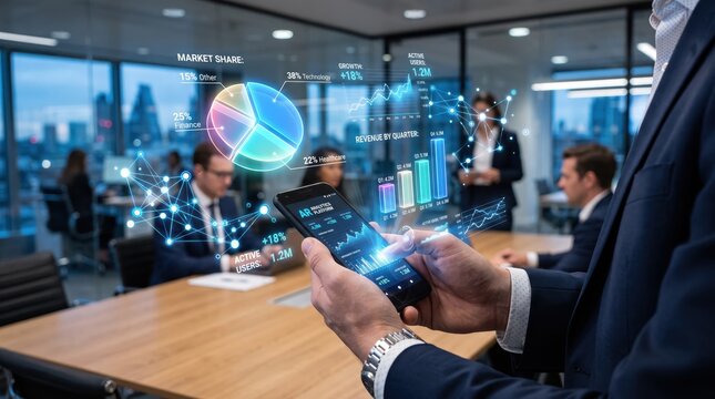 Corporate executive presenting market share pie chart and revenue graph on smartphone in conference room, business analysis, investment strategy and financial performance report