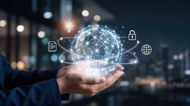 Business person holding holographic globe with network connections, lock and lightbulb icons representing global innovation, secure digital strategy and future technology concepts