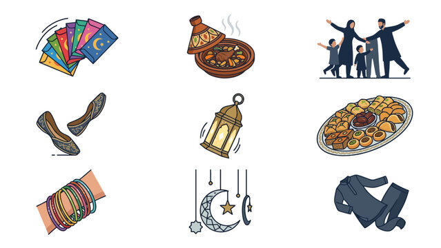 Islamic Ramadan and Eid Mubarak Celebration Vector Illustration Set