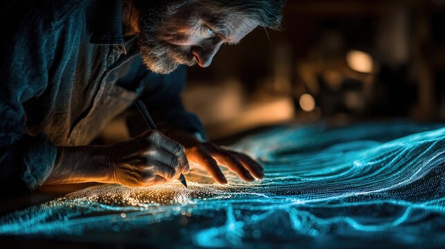 Professional user swiping across a 3D-woven fabric pad on their desk with internal glowing blue filaments representing the use of textile-based input devices for creative and digital work art 